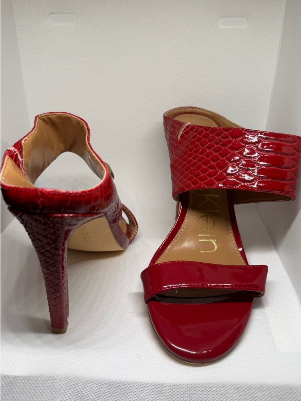 Calvin Klein Red Patent Croc-Embossed High Heel Sandals